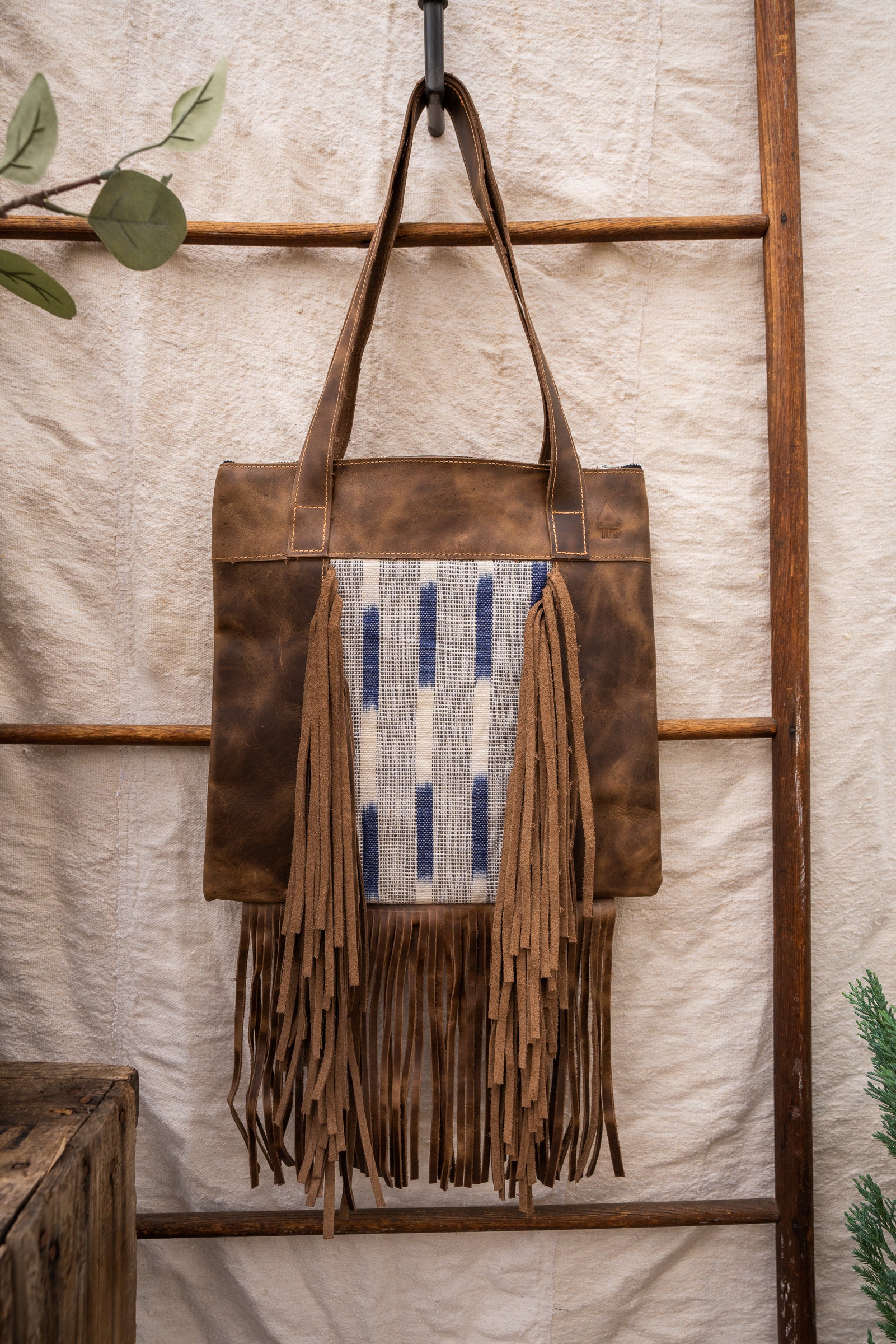 Fringe Tote - Indigo on White Linear - Brown Leather