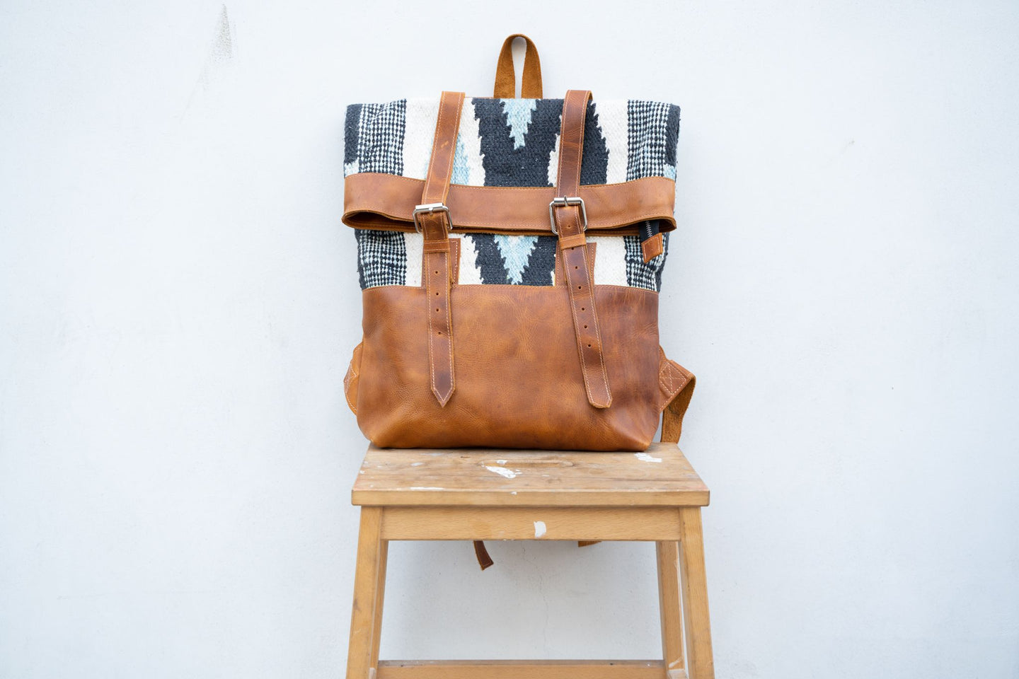 Ixchel Triangle leather and backstrap loom woven backpack